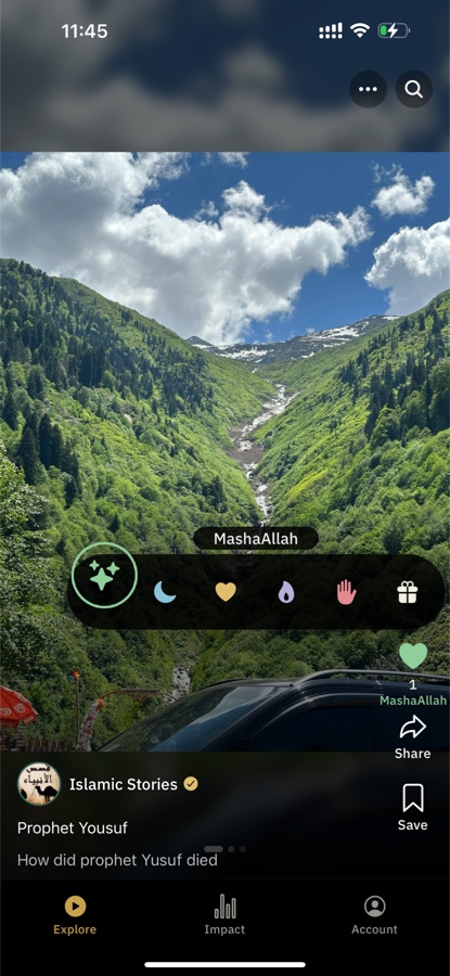 The Reel Muslim feed in English — a reel from Islamic Stories with the reactions open.